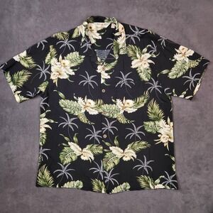 Hula Hula Hawaii Shirt‎ Mens Large Black Floral Hawaiian Palm Trees Lightweight